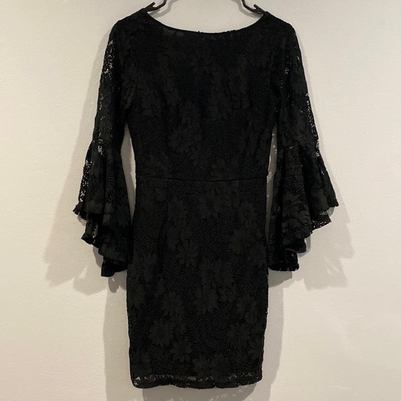 Lulus Dresses & Skirts - Lulus Black Full Lace Dress with Bell Bottom Sleeves - V Shaped Back -Size Small